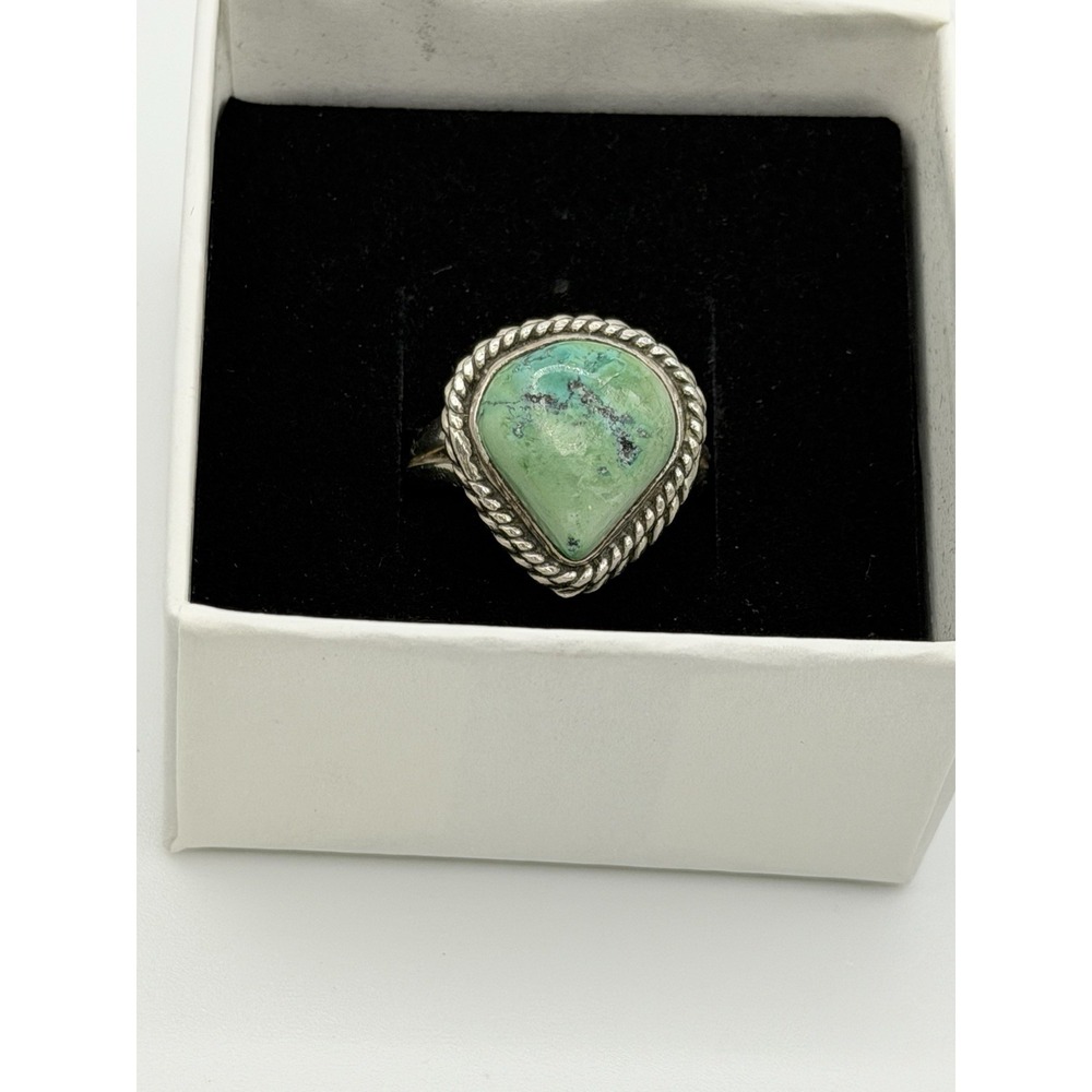 Vintage Green Turquoise Sterling Silver Ring 925 Navajo Rope Border Size 6 - Picture 10 of 10